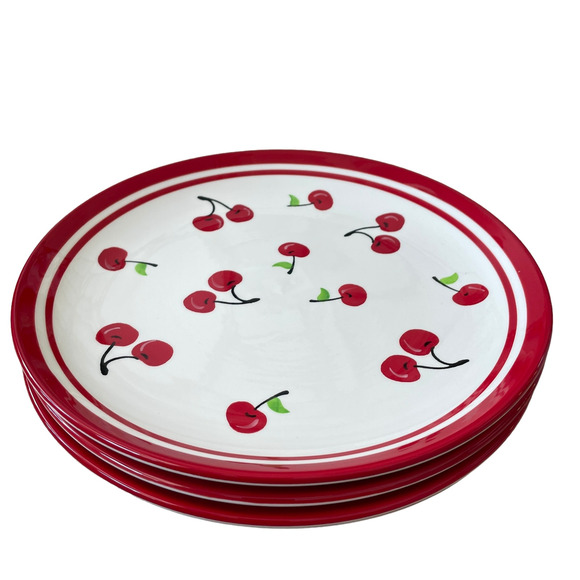 Terramoto CHERRY Ceramic Dinner Plates 10.5in Red & White Set of 4 NEW - Picture 4 of 12